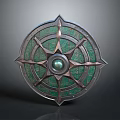 Decorative Fantasy Shield With Round Metallic Frame Green Gem Center And Star Shaped Decorations