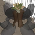 Modern Round Black Glass Top Table and Transparent Chairs Set with Green Vase Plants