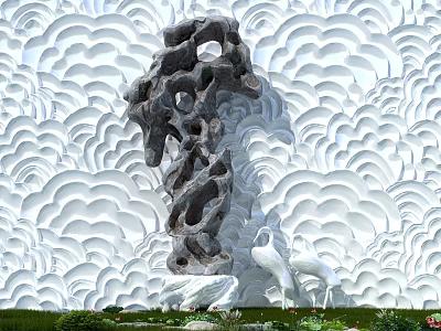 Decorative Stone And Wooden Sculpture With Wave Patterned Wall Green Plants And White Cranes 3d model