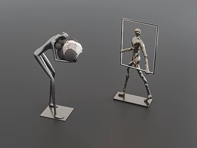 Metal Sculpture Carving Human Figure Bending Holding Ball And Standing With Frame On Square Base 3d model
