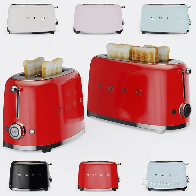 Colorful Retro Kitchen Toasters With Red Design And Toasted Bread Slices 3d model 
