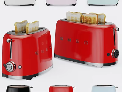 Colorful Retro Kitchen Toasters With Red Design And Toasted Bread Slices 3d model