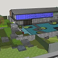 Modern Garden Landscape With Blue Wall Glass Curtain Water Pool And Green Areas