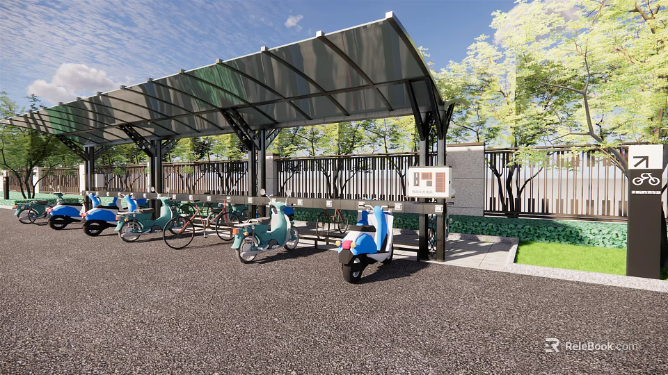 Outdoor Parking Canopy Providing Shade For Electric Scooters With Trees And Fence 3d model 