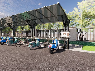 Outdoor Parking Canopy Providing Shade For Electric Scooters With Trees And Fence 3d model