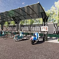Outdoor Parking Canopy Providing Shade For Electric Scooters With Trees And Fence
