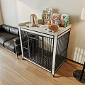 Sturdy Metal Pet Cage on Wooden Floor with Decor Items and Corgi in Living Room