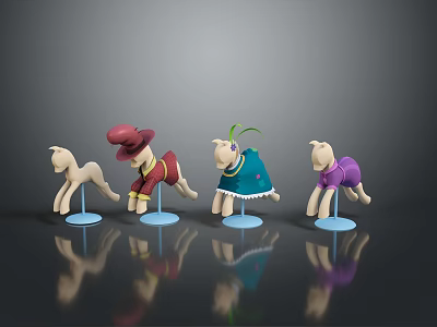Four Wooden Horse Dolls With Different Costumes On Blue Bases And Reflections 3d model