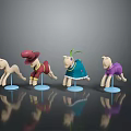 Four Wooden Horse Dolls With Different Costumes On Blue Bases And Reflections