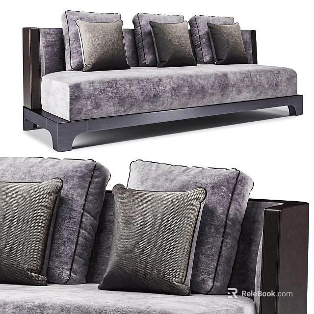 Two Seater Sofa With Gray Fabric Upholstery Comfortable Cushions And Dark Wooden Frame 3d model 