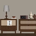 Wooden Nightstands With Rattan Drawers Table Lamp Aromatherapy Book Digital Clock Vase And Sculpture