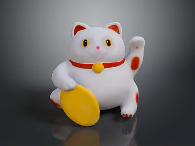 White Lucky Cat Holding Yellow Coin with Red Ears Paws Collar and Gold Bell 3d model