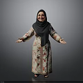 Traditional Muslim Woman In Floral Robe With Black Hijab And Outstretched Arms