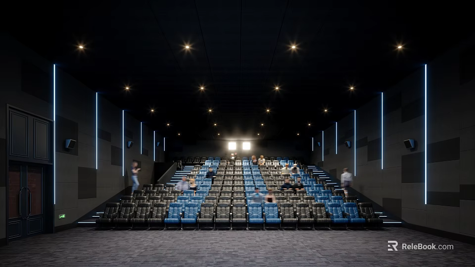 Modern Cinema Interior With Blue Seats Ceiling Lights Audience And Staircase Seating Design 3d model 