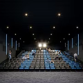 Modern Cinema Interior With Blue Seats Ceiling Lights Audience And Staircase Seating Design