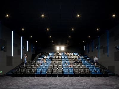 Modern Cinema Interior With Blue Seats Ceiling Lights Audience And Staircase Seating Design 3d model