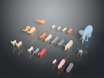Colorful Animal Models of Various Sizes Including Elephant Cow Sheep on Dark Background with Reflections 3d model