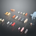 Colorful Animal Models of Various Sizes Including Elephant Cow Sheep on Dark Background with Reflections