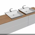 Two White Square Washbasins On Wooden Countertop With White Cabinet Below