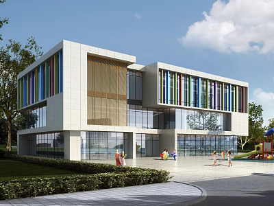 Modern School Building With Colorful Striped Facade Large Glass Windows And Green Lawn 3d model
