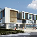 Modern School Building With Colorful Striped Facade Large Glass Windows And Green Lawn