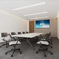 Modern Conference Room With Long Table Ergonomic Chairs Large Screen White Walls And Gray Carpet
