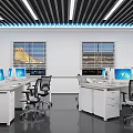 Bright Modern Public Office Space With Desks Computer Monitors Office Chairs And Linear Ceiling Lights 3d model