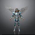 Winged Fantasy Warrior In Blue White Armor With Large White Wings Standing