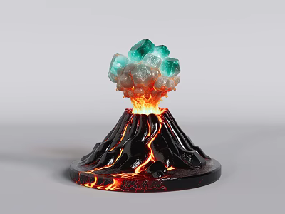 Volcano Shaped Sculpture With Green Crystals And Lava Flow Effect 3d model