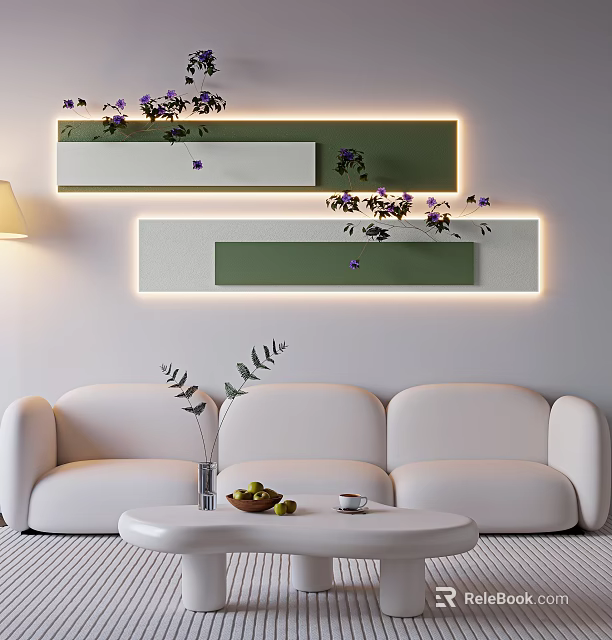 White Sofa And Round Coffee Table With Vase Fruits Cup And Green White Wall Panels 3d model 
