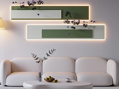 White Sofa And Round Coffee Table With Vase Fruits Cup And Green White Wall Panels 3d model