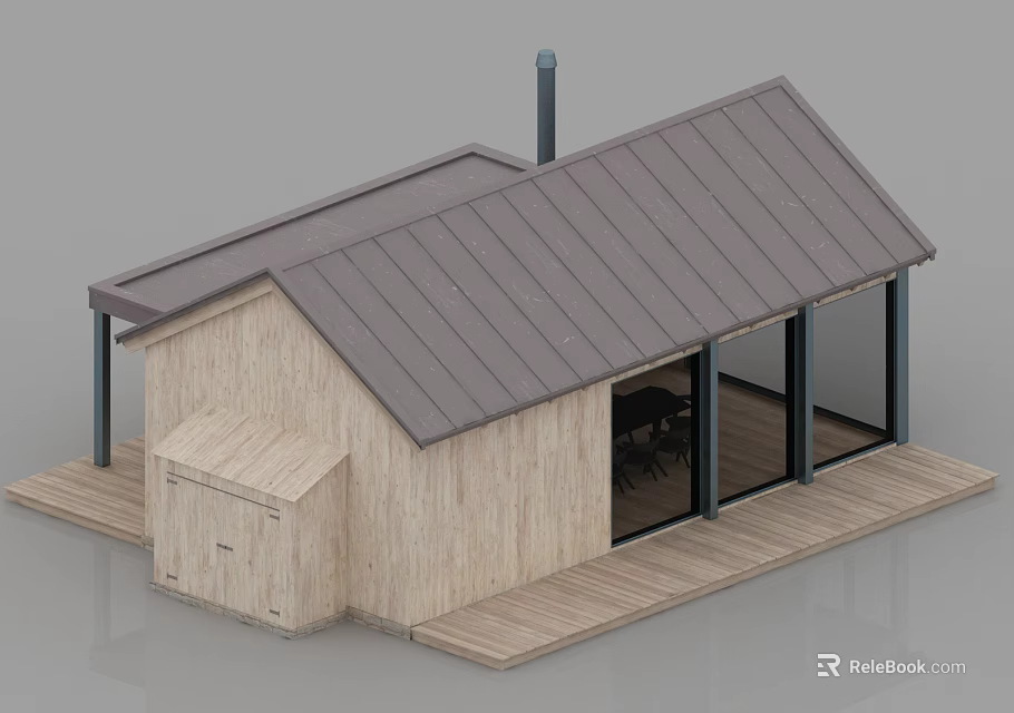 Wooden Cabin With Gray Metal Roof Chimney Large Glass Windows Wooden Deck And Shed 3d model 