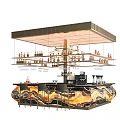 Luxurious Modern Bar Interior With Marble Pattern Countertop Hanging Shelves Wine Bottles Glasses And Stools