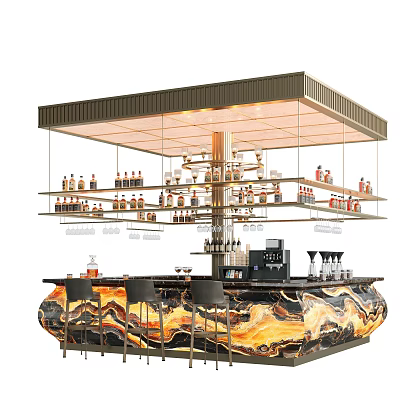 Luxurious Modern Bar Interior With Marble Pattern Countertop Hanging Shelves Wine Bottles Glasses And Stools 3d model