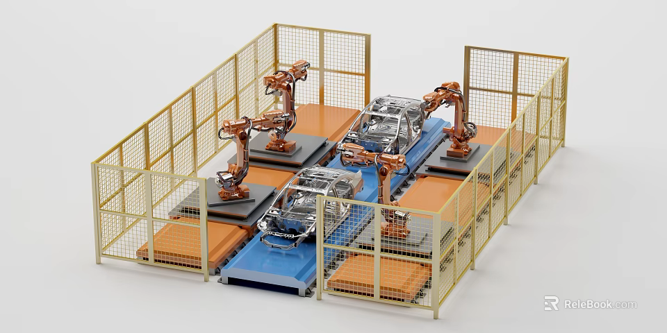 Automated Car Manufacturing Production Line With Robotic Arms Handling Vehicles And Safety Fencing 3d model 