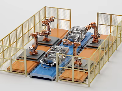 Automated Car Manufacturing Production Line With Robotic Arms Handling Vehicles And Safety Fencing 3d model