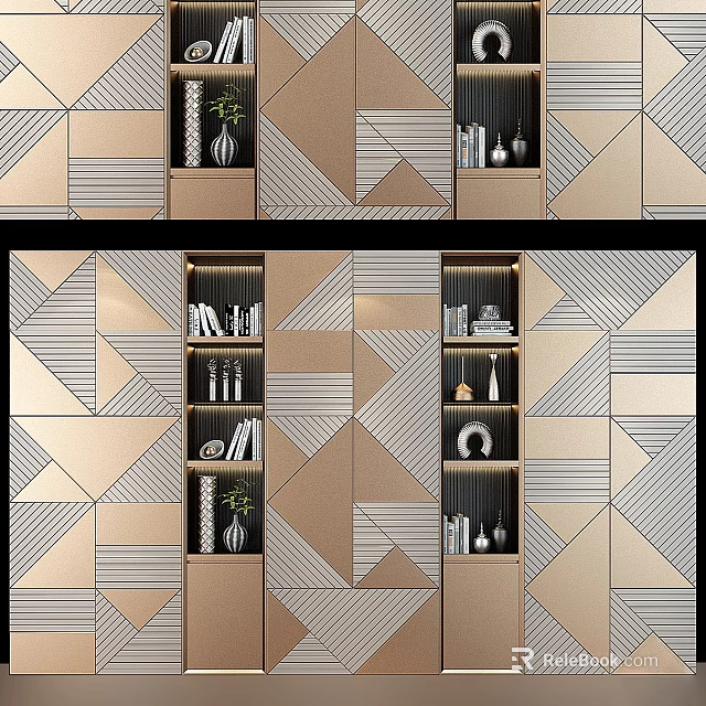 Modern Decorative Cabinet With Geometric Patterns And Shelves Holding Books Vases Decorative Items 3d model 