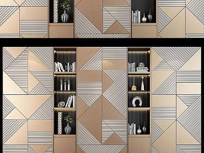 Modern Decorative Cabinet With Geometric Patterns And Shelves Holding Books Vases Decorative Items 3d model