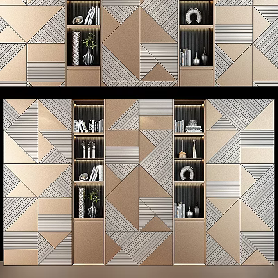 Modern Decorative Cabinet With Geometric Patterns And Shelves Holding Books Vases Decorative Items 3d model