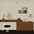Elegant Wooden Dressing Table With Round Mirror Green Vase Skincare Bottles And Decorative Paintings