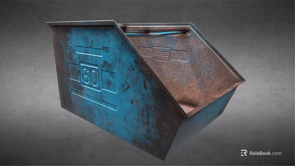 Rusty Blue Metal Container with Engraved Details and Weathered Surface on Gray Background 3d model 