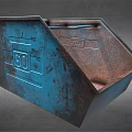 Rusty Blue Metal Container with Engraved Details and Weathered Surface on Gray Background 3d model
