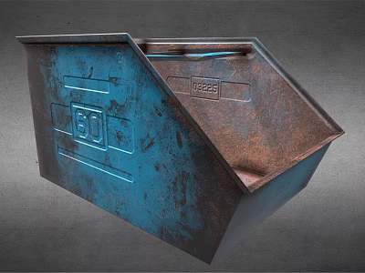 Rusty Blue Metal Container with Engraved Details and Weathered Surface on Gray Background 3d model