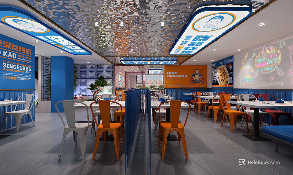 Modern Restaurant Interior With Blue Orange Tables Chairs And Ceiling Design 3d model