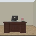 Brown Wooden Office Desk With Computer Monitor Mouse Phone Black Chair And Blue Pink Folders