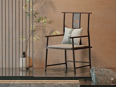 Oriental Style Single Chair With Wooden Frame Gray Cushion Bamboo Plant And Beige Wall 3d model