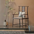 Oriental Style Single Chair With Wooden Frame Gray Cushion Bamboo Plant And Beige Wall