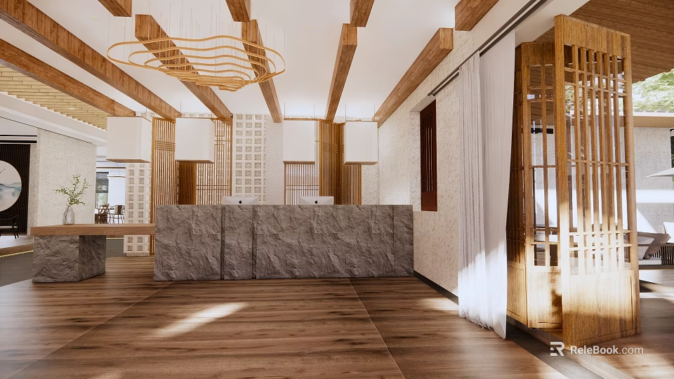 Modern Lobby Interior With Wooden Ceiling Beams Stone Counter Wooden Flooring And Chandelier 3d model 