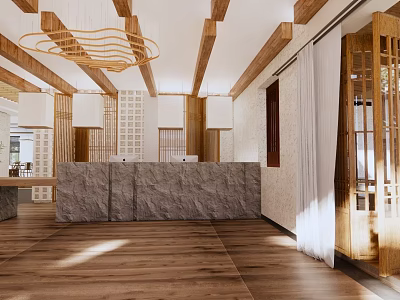Modern Lobby Interior With Wooden Ceiling Beams Stone Counter Wooden Flooring And Chandelier 3d model
