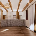Modern Lobby Interior With Wooden Ceiling Beams Stone Counter Wooden Flooring And Chandelier